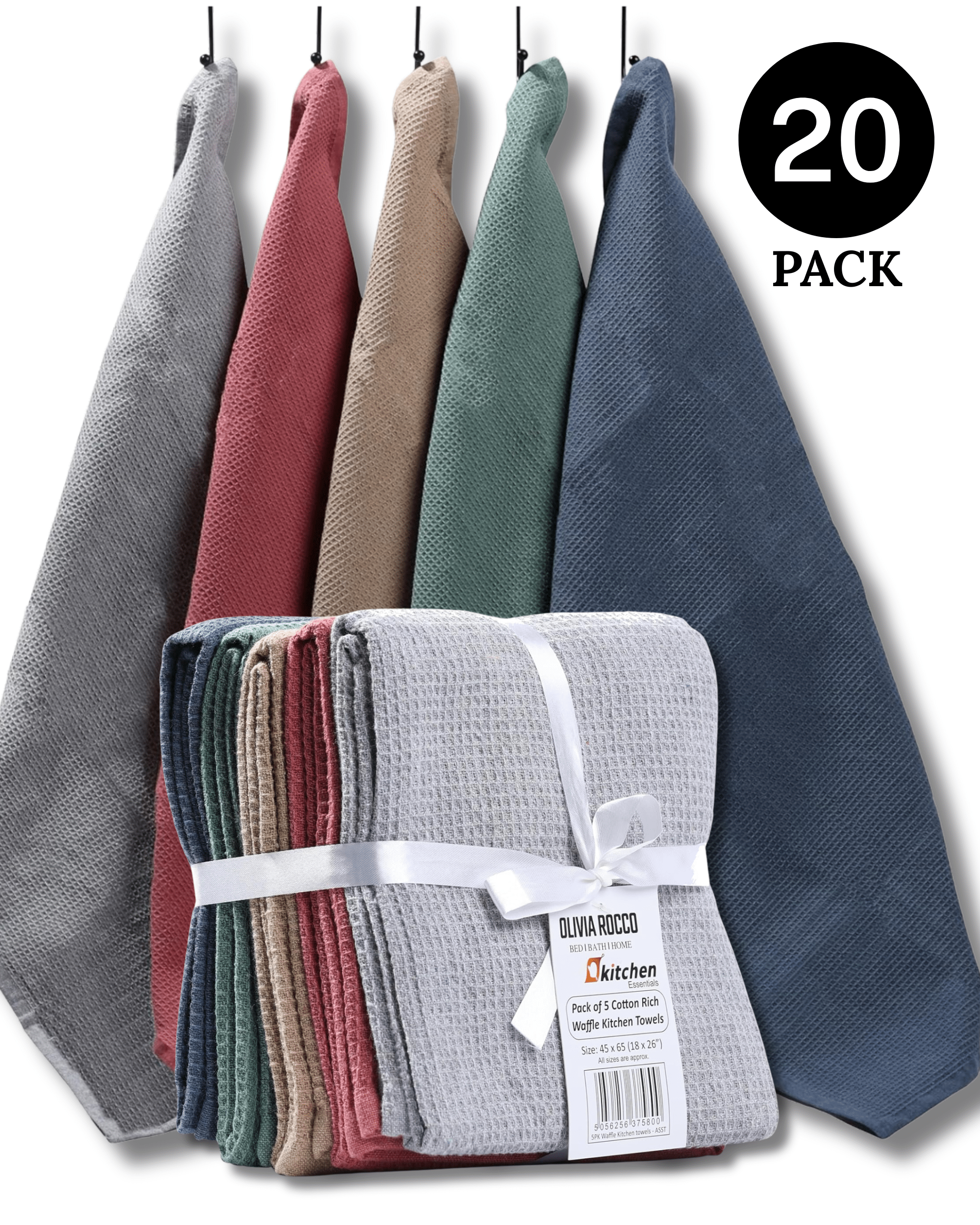 OLIVIA ROCCO 20 Pack Cotton Tea Towels – Waffle Weave Absorbent Dish Cloths