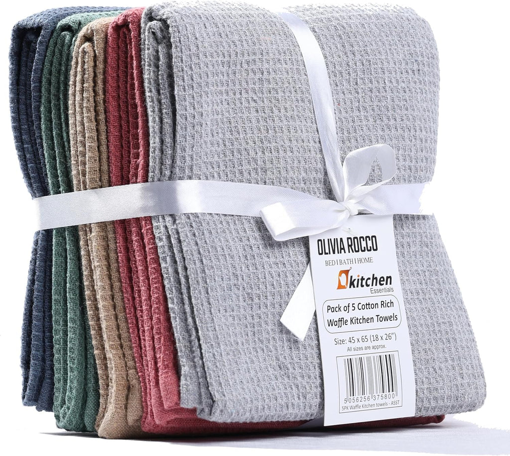 OLIVIA ROCCO 5 Pack Waffle Kitchen Tea Towels – Absorbent Cotton Set