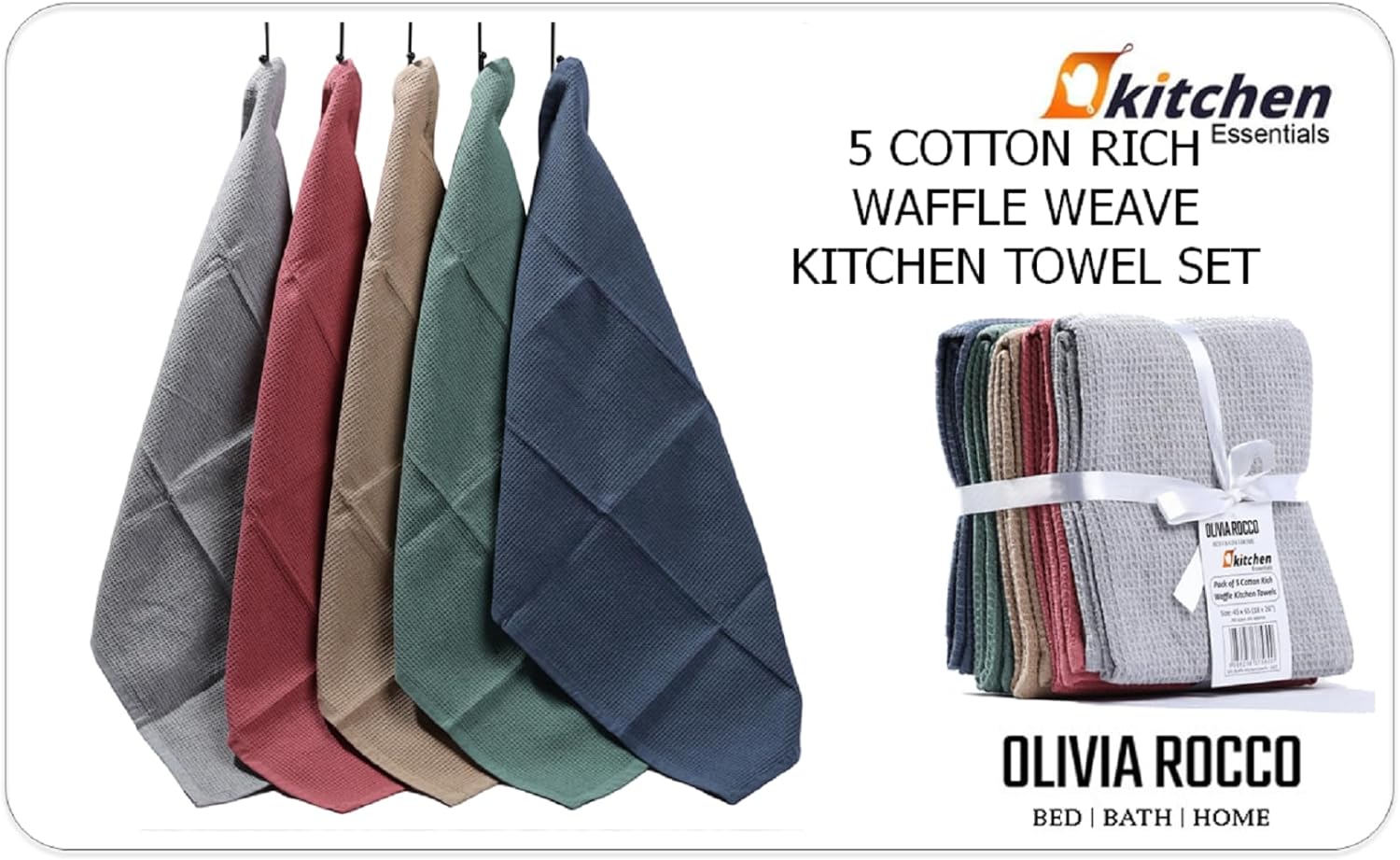 OLIVIA ROCCO 5 Pack Waffle Kitchen Tea Towels – Absorbent Cotton Set