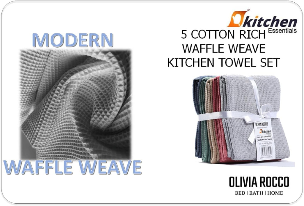 OLIVIA ROCCO 5 Pack Waffle Kitchen Tea Towels – Absorbent Cotton Set