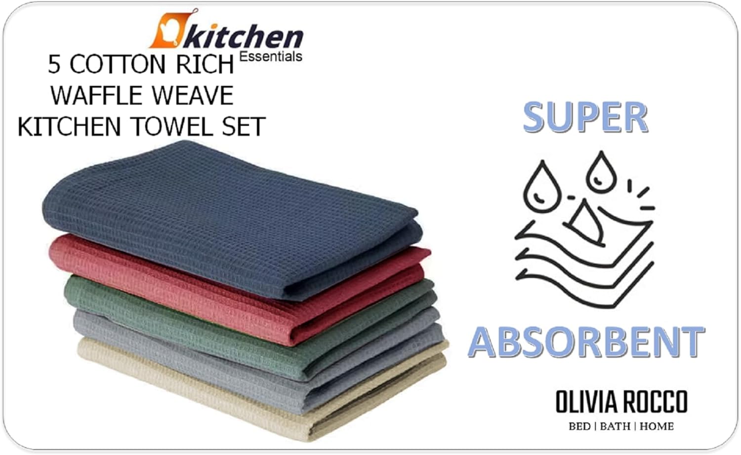 OLIVIA ROCCO 5 Pack Waffle Kitchen Tea Towels – Absorbent Cotton Set