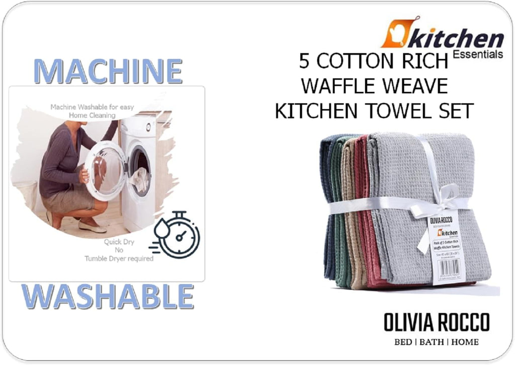 OLIVIA ROCCO 5 Pack Waffle Kitchen Tea Towels – Absorbent Cotton Set