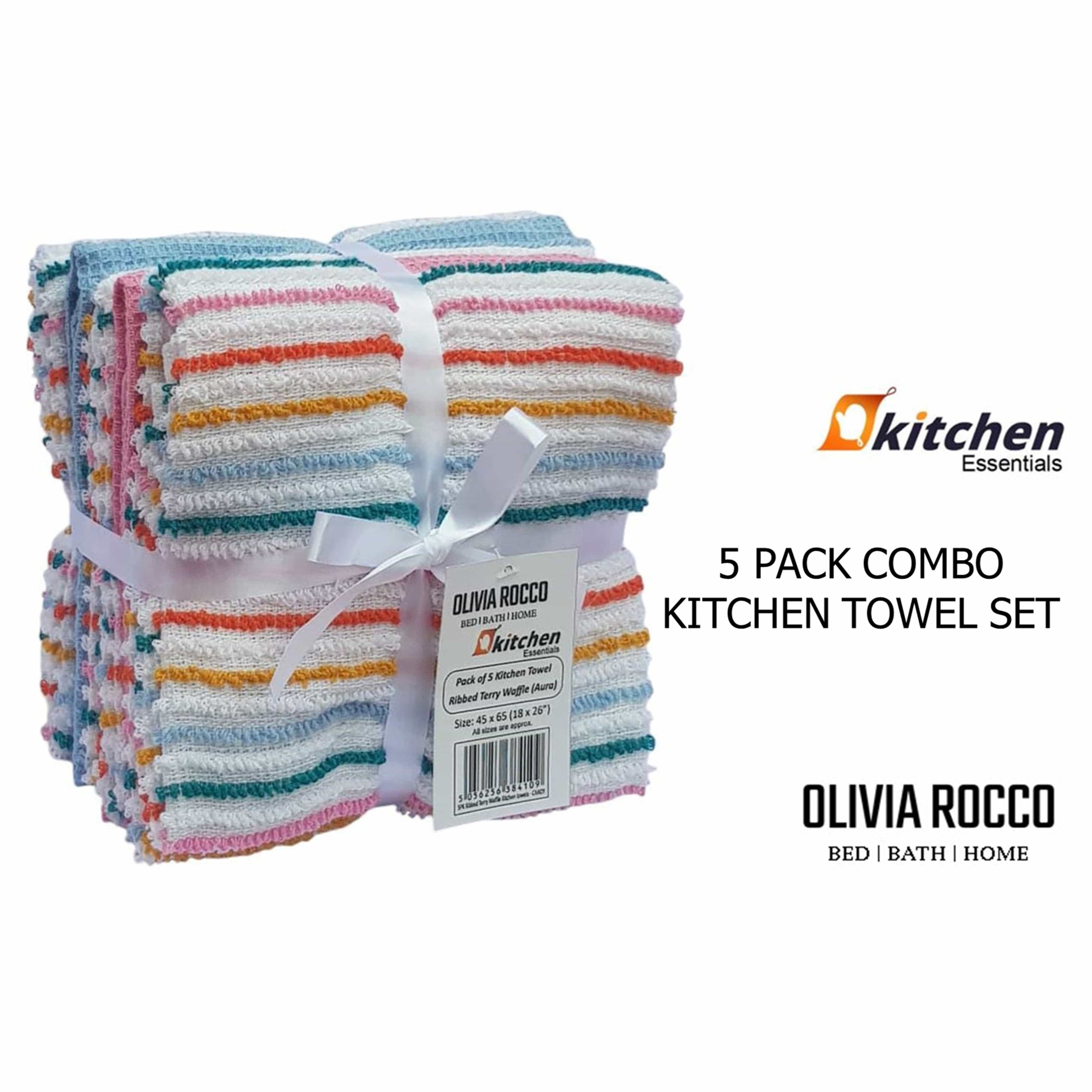 OLIVIA ROCCO 5 Pack Cotton Kitchen Tea Towels – Ribbed Waffle 45x65cm