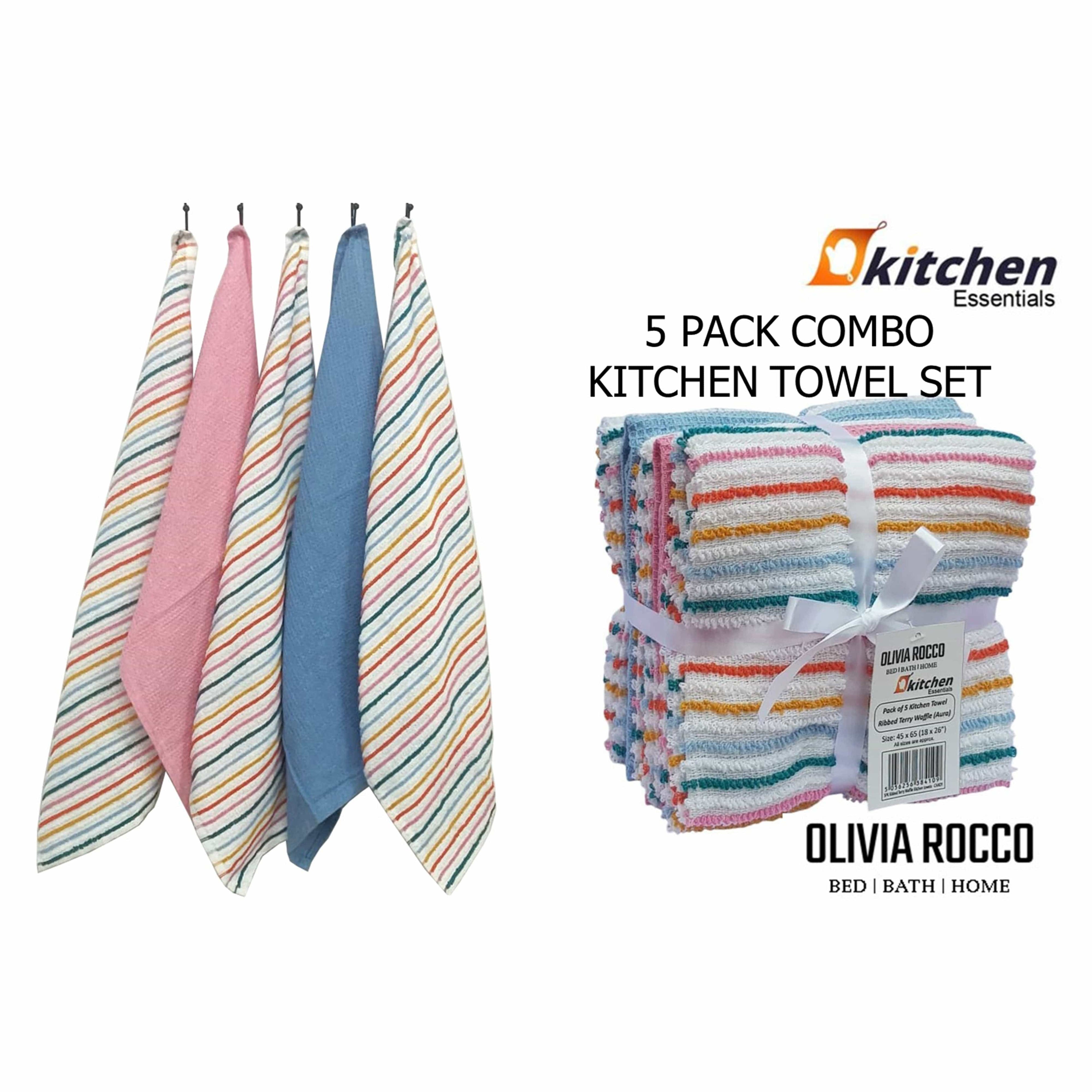 OLIVIA ROCCO 5 Pack Cotton Kitchen Tea Towels – Ribbed Waffle 45x65cm