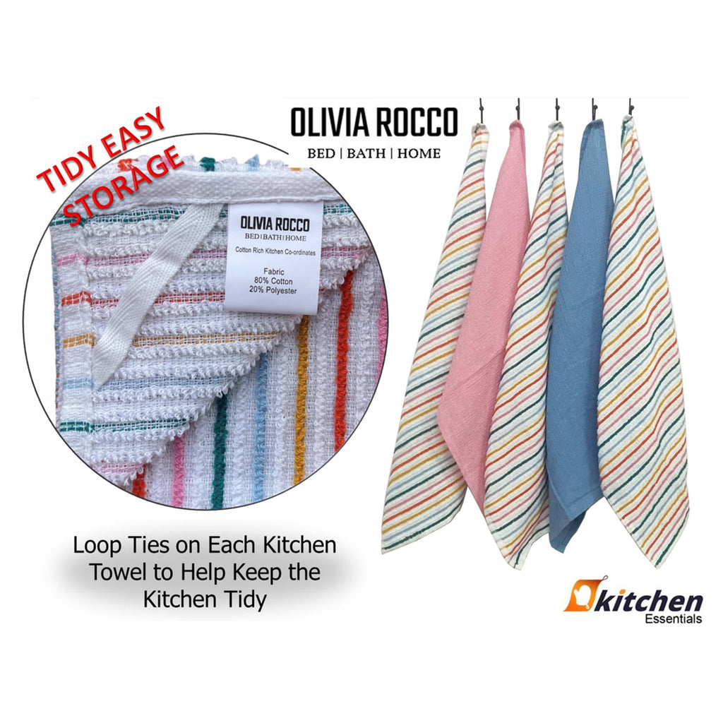OLIVIA ROCCO 5 Pack Cotton Kitchen Tea Towels – Ribbed Waffle 45x65cm