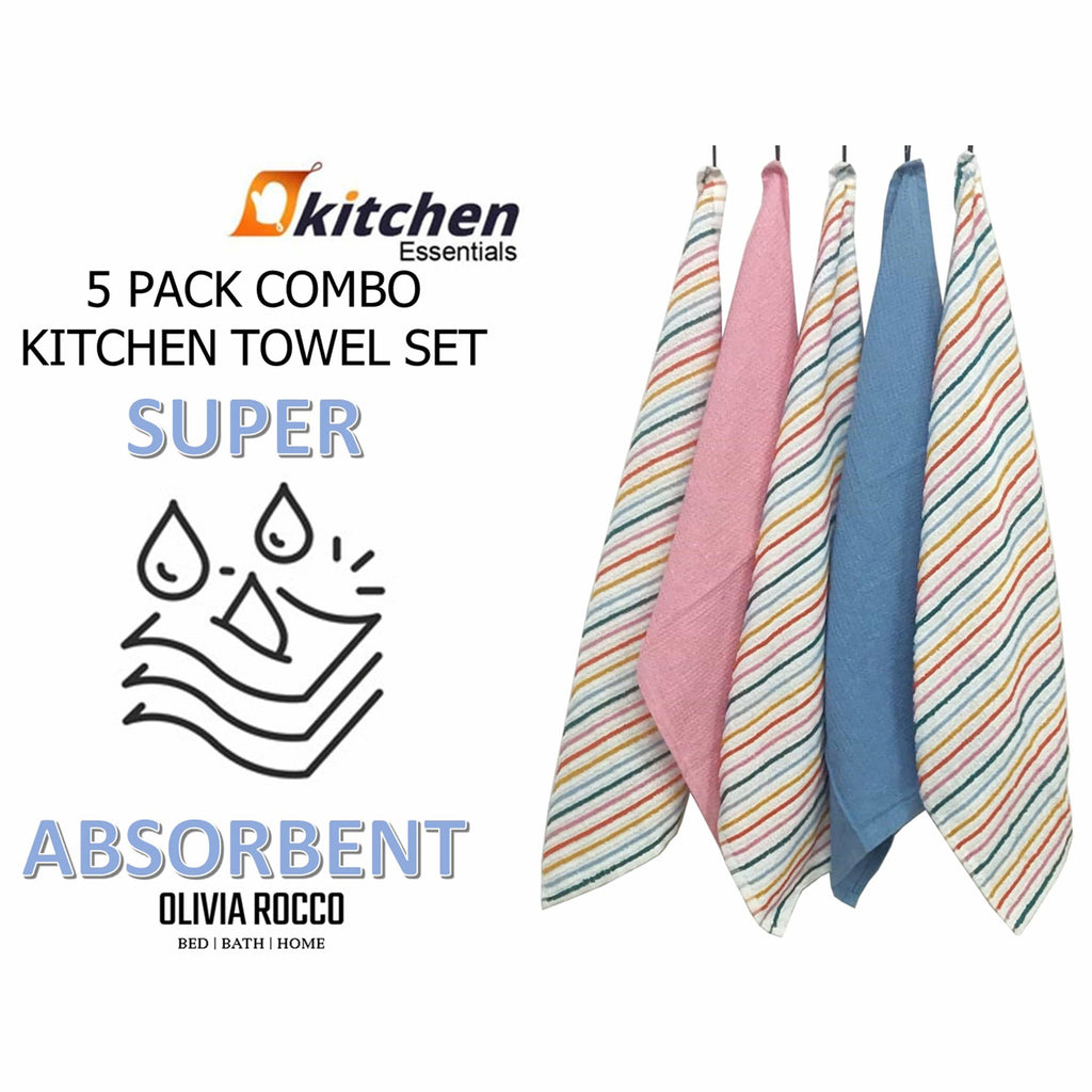 OLIVIA ROCCO 5 Pack Cotton Kitchen Tea Towels – Ribbed Waffle 45x65cm