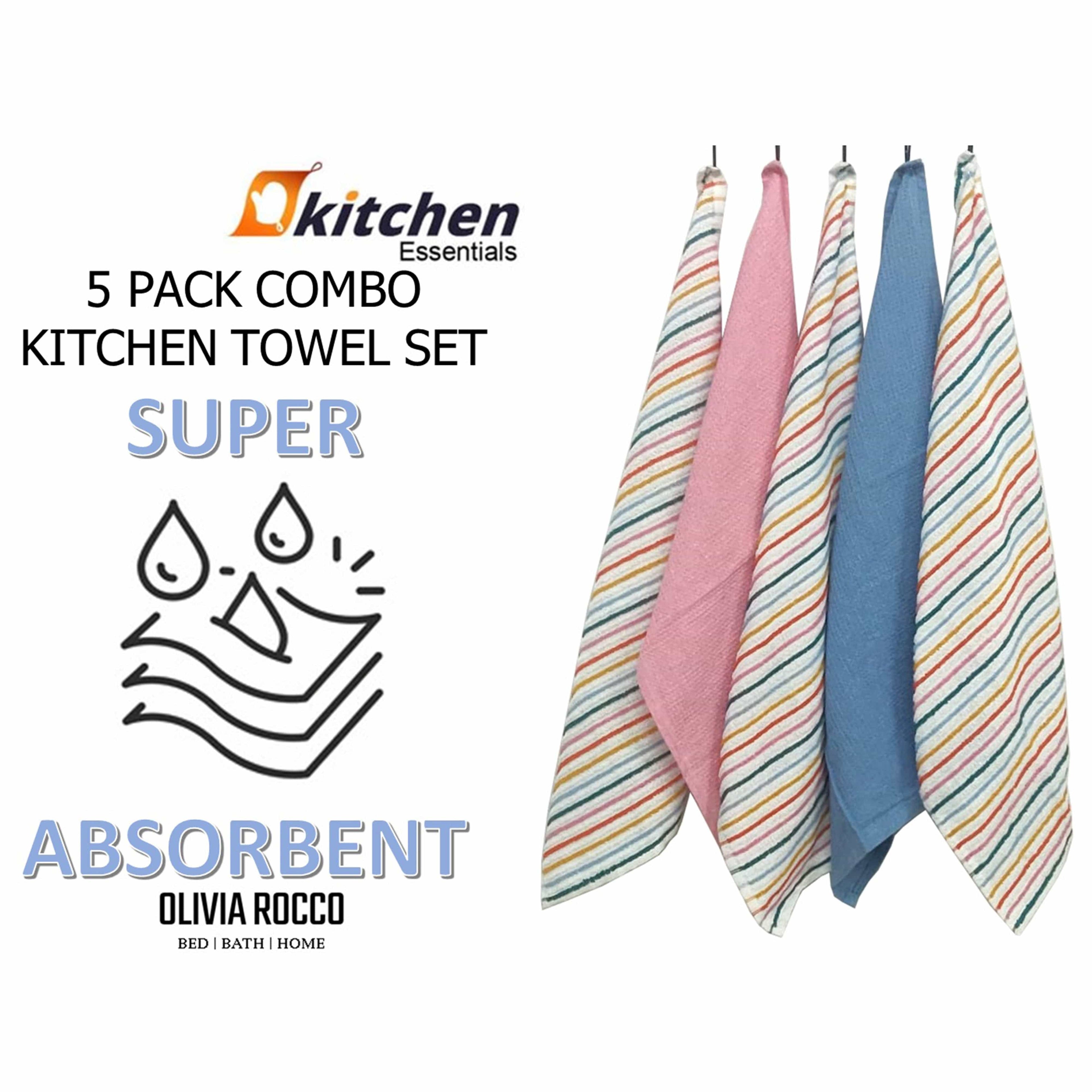 OLIVIA ROCCO 5 Pack Cotton Kitchen Tea Towels – Ribbed Waffle 45x65cm