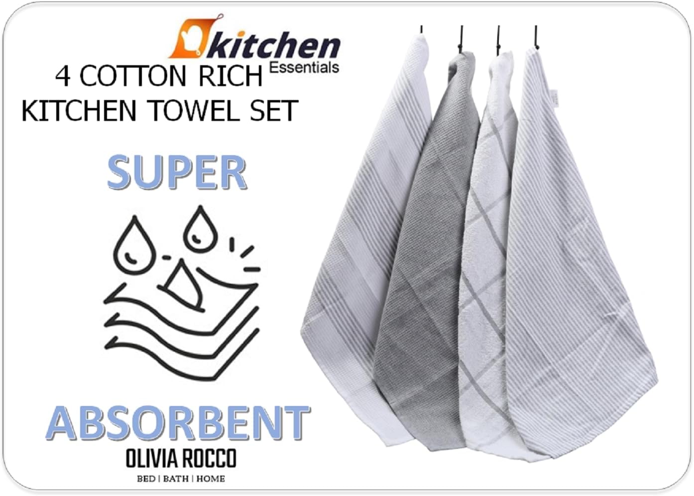 OLIVIA ROCCO Cotton Tea Towels – Pack of 4 Green Absorbent Dish Cloths