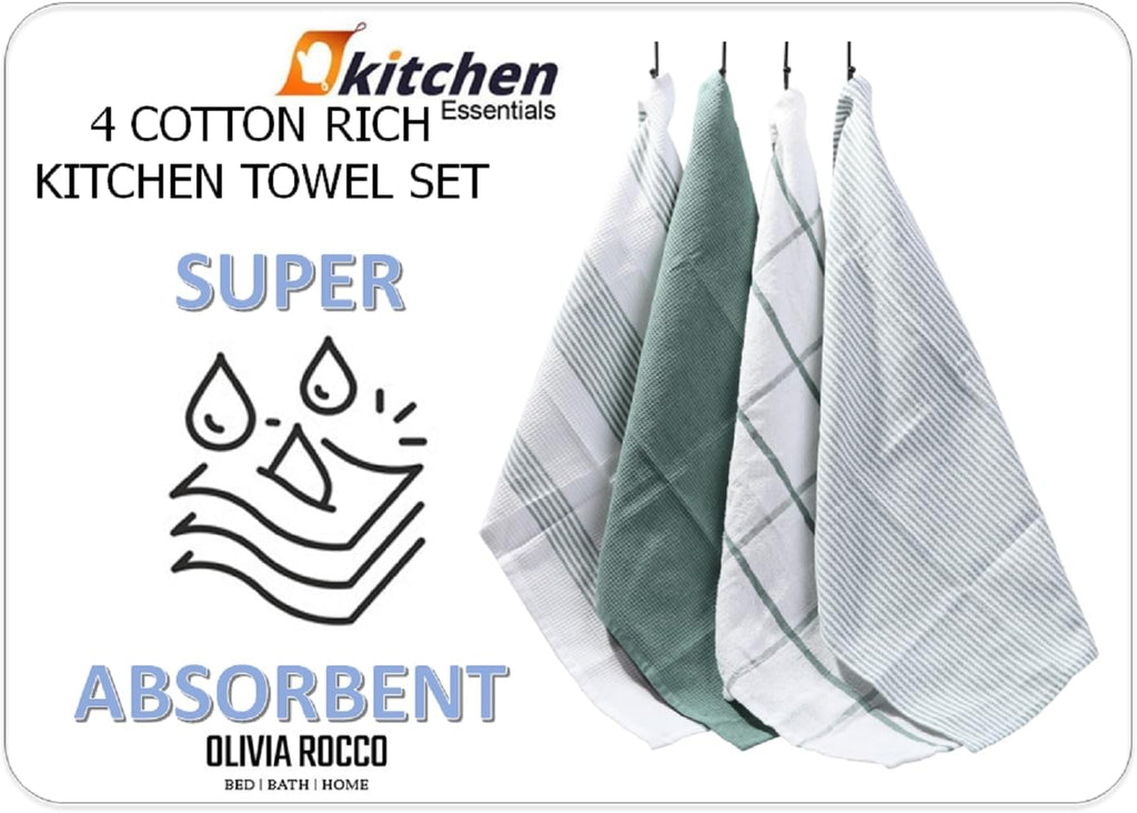 OLIVIA ROCCO Cotton Tea Towels – Pack of 4 Green Absorbent Dish Cloths