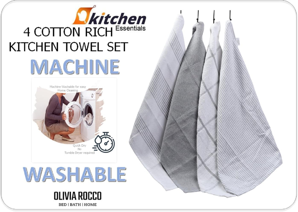OLIVIA ROCCO Cotton Tea Towels – Pack of 4 Green Absorbent Dish Cloths