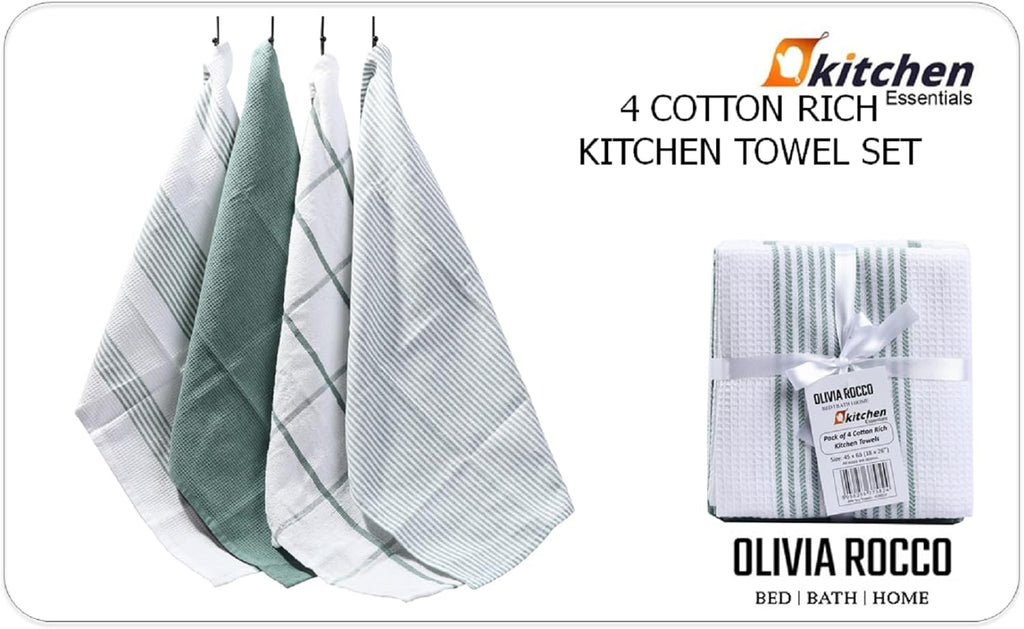 OLIVIA ROCCO Cotton Tea Towels – Pack of 4 Green Absorbent Dish Cloths