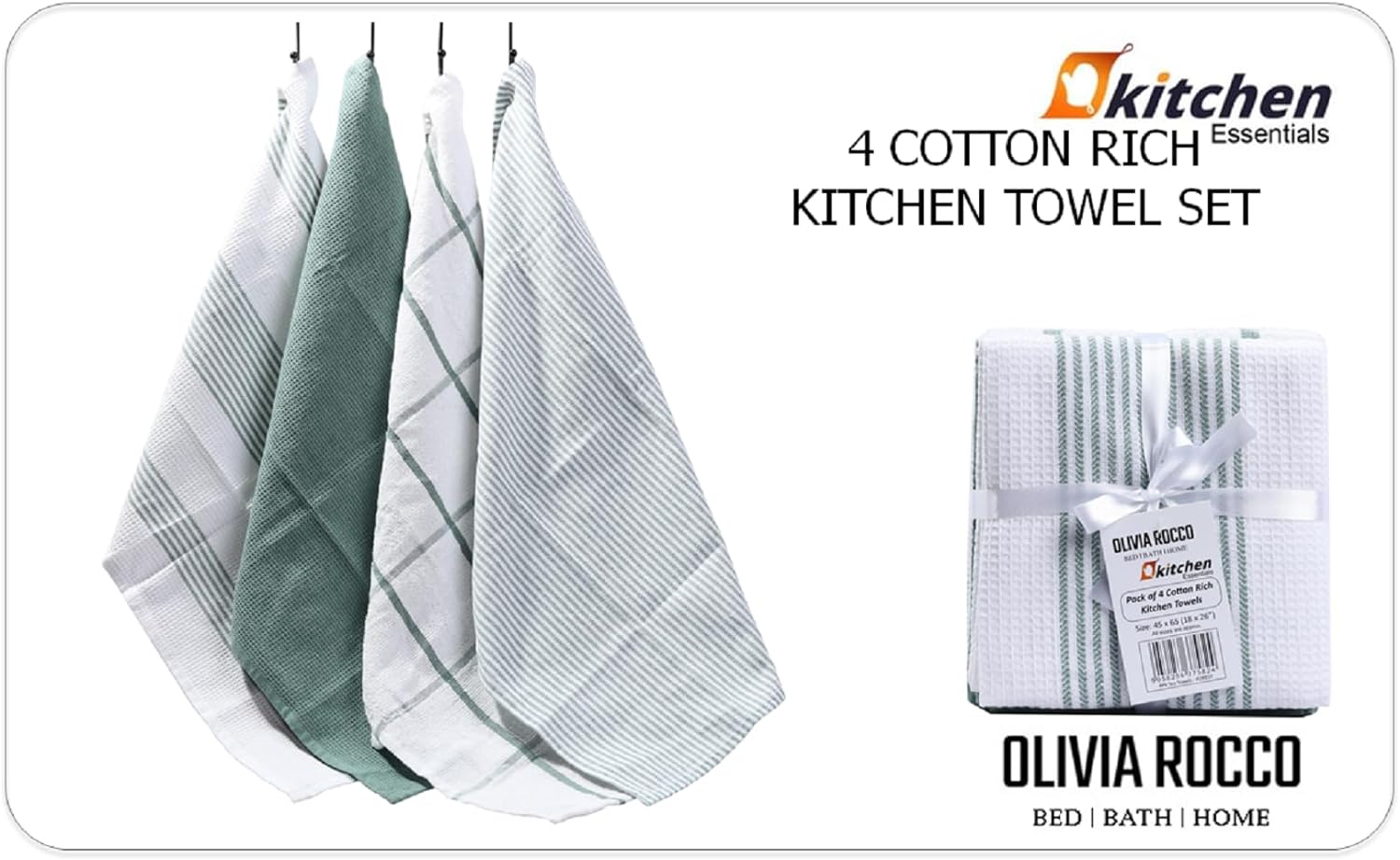 OLIVIA ROCCO Cotton Tea Towels – Pack of 4 Green Absorbent Dish Cloths