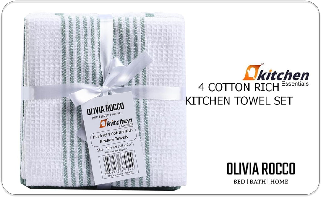 OLIVIA ROCCO Cotton Tea Towels – Pack of 4 Green Absorbent Dish Cloths