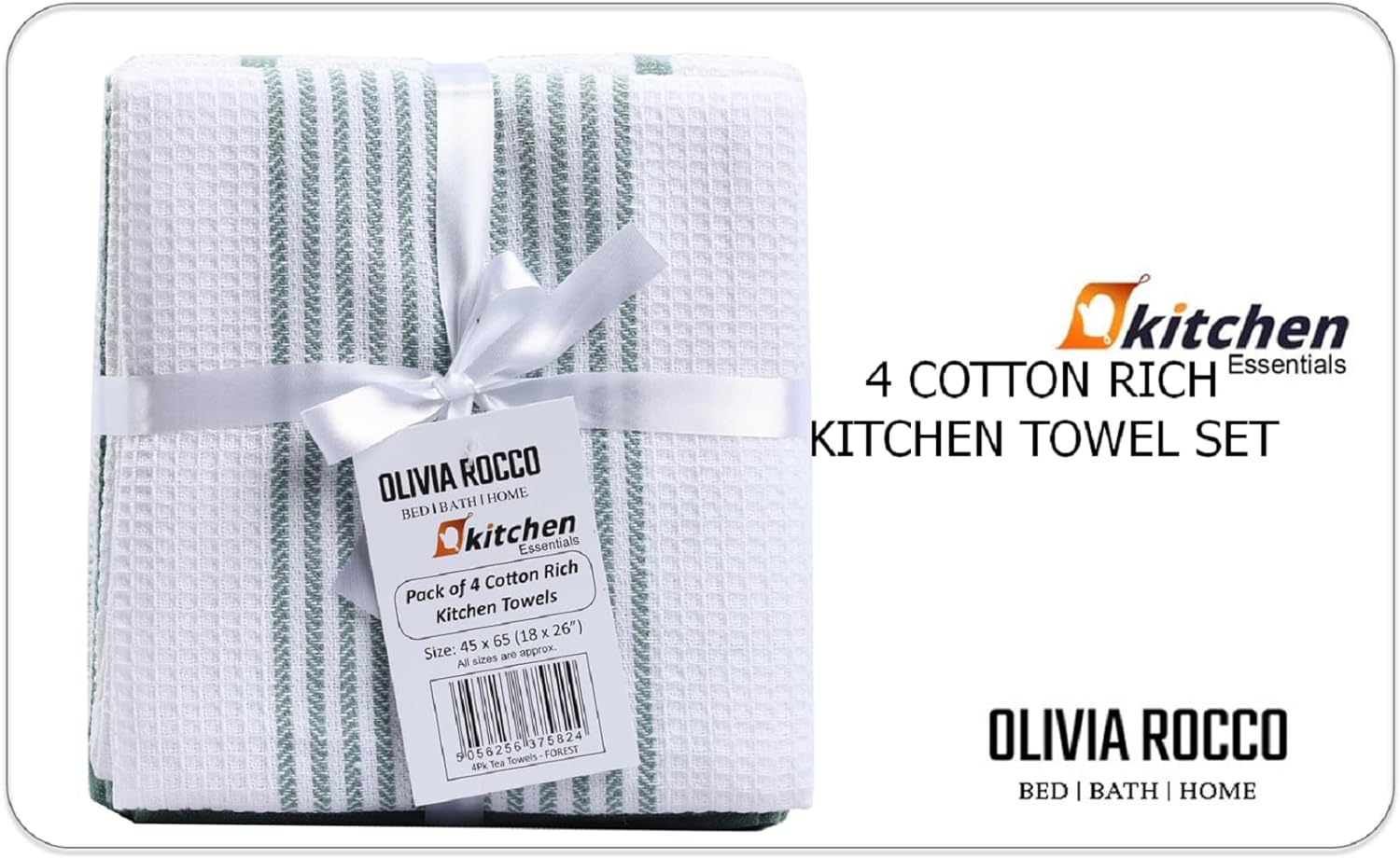 OLIVIA ROCCO Cotton Tea Towels – Pack of 4 Green Absorbent Dish Cloths