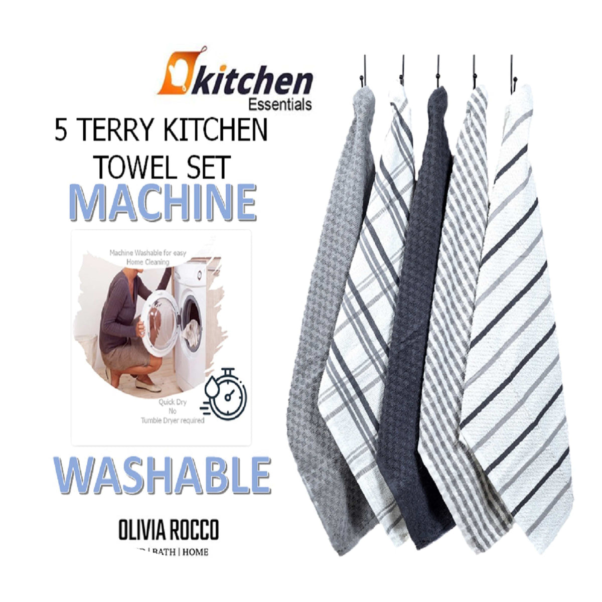 OLIVIA ROCCO Cotton Terry Kitchen Tea Towels - Super Absorbent 5 Pack