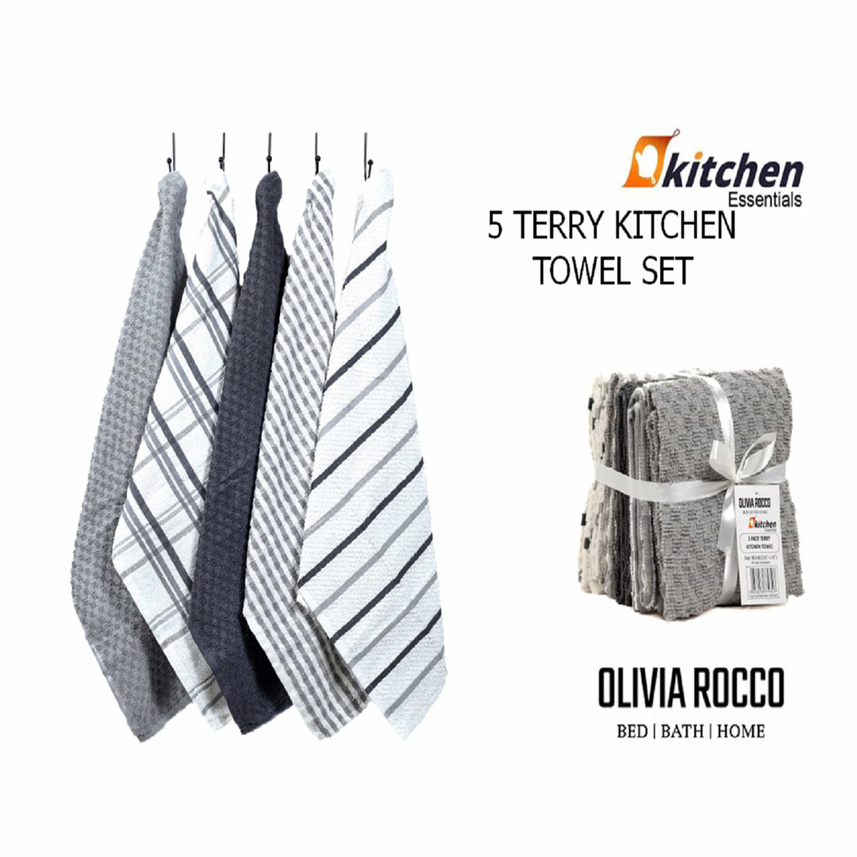 OLIVIA ROCCO Cotton Terry Kitchen Tea Towels - Super Absorbent 5 Pack