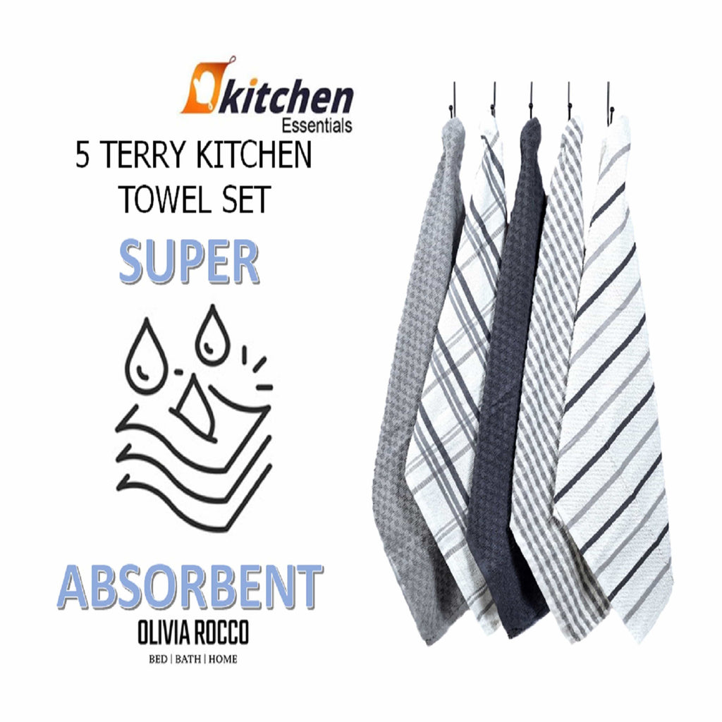 OLIVIA ROCCO Cotton Terry Kitchen Tea Towels - Super Absorbent 5 Pack