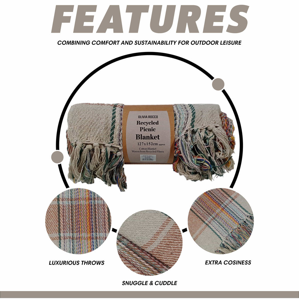 OLIVIA ROCCO Recycled Cotton Picnic Blanket – Check Stripe 130 x 150 cm