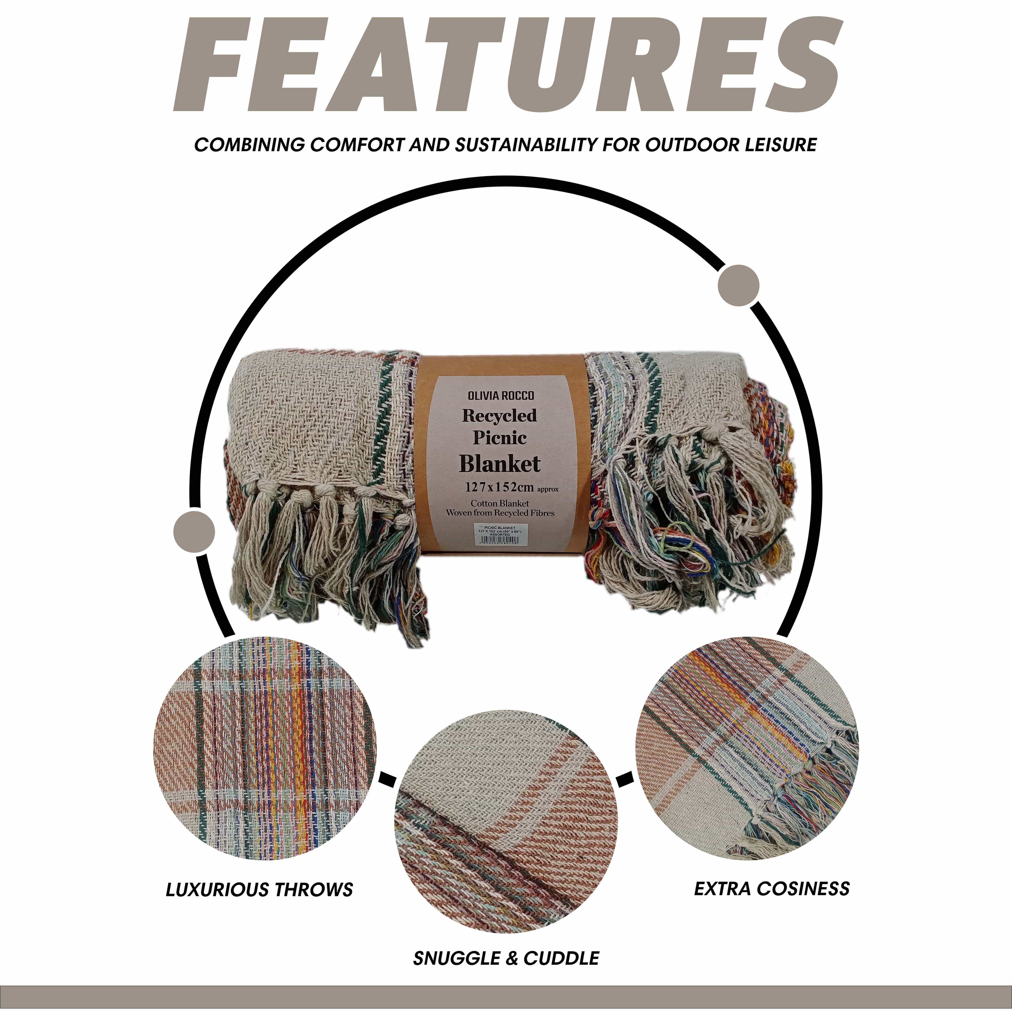 OLIVIA ROCCO Recycled Cotton Picnic Blanket – Check Stripe 130 x 150 cm