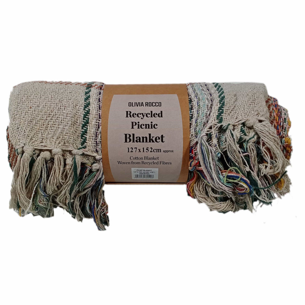 OLIVIA ROCCO Recycled Cotton Picnic Blanket – Check Stripe 130 x 150 cm