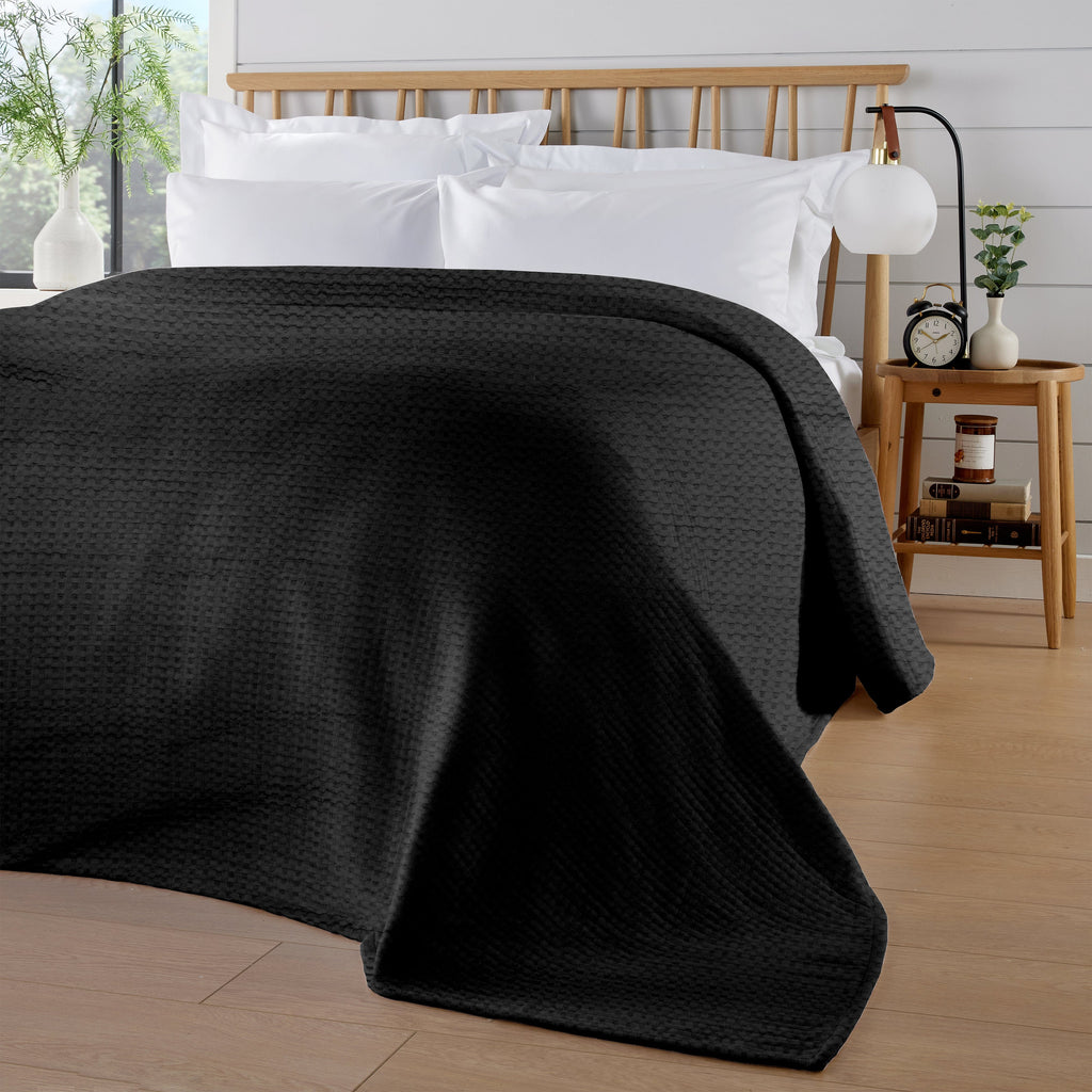OLIVIA ROCCO Cotton Checked Throw Blanket – Black Bedspread for Sofa & Bed