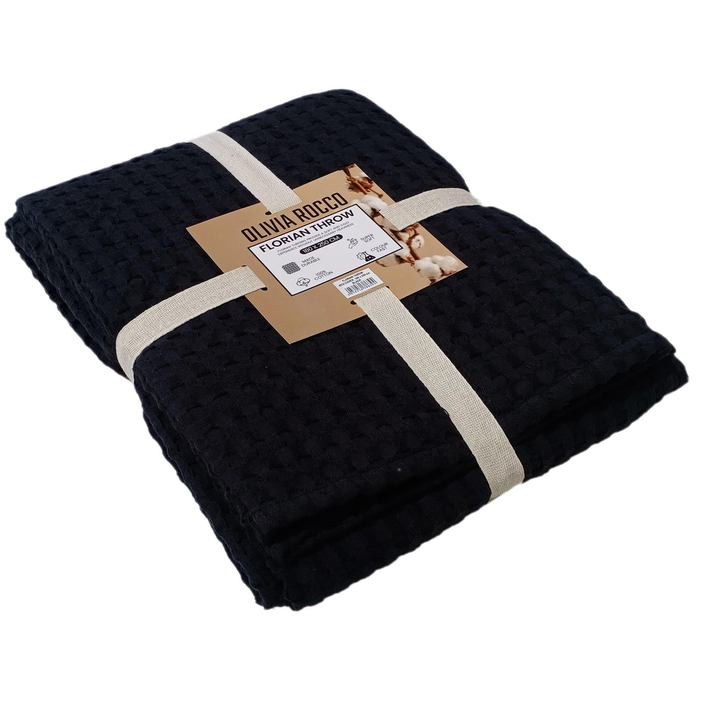 OLIVIA ROCCO Cotton Checked Throw Blanket – Black Bedspread for Sofa & Bed