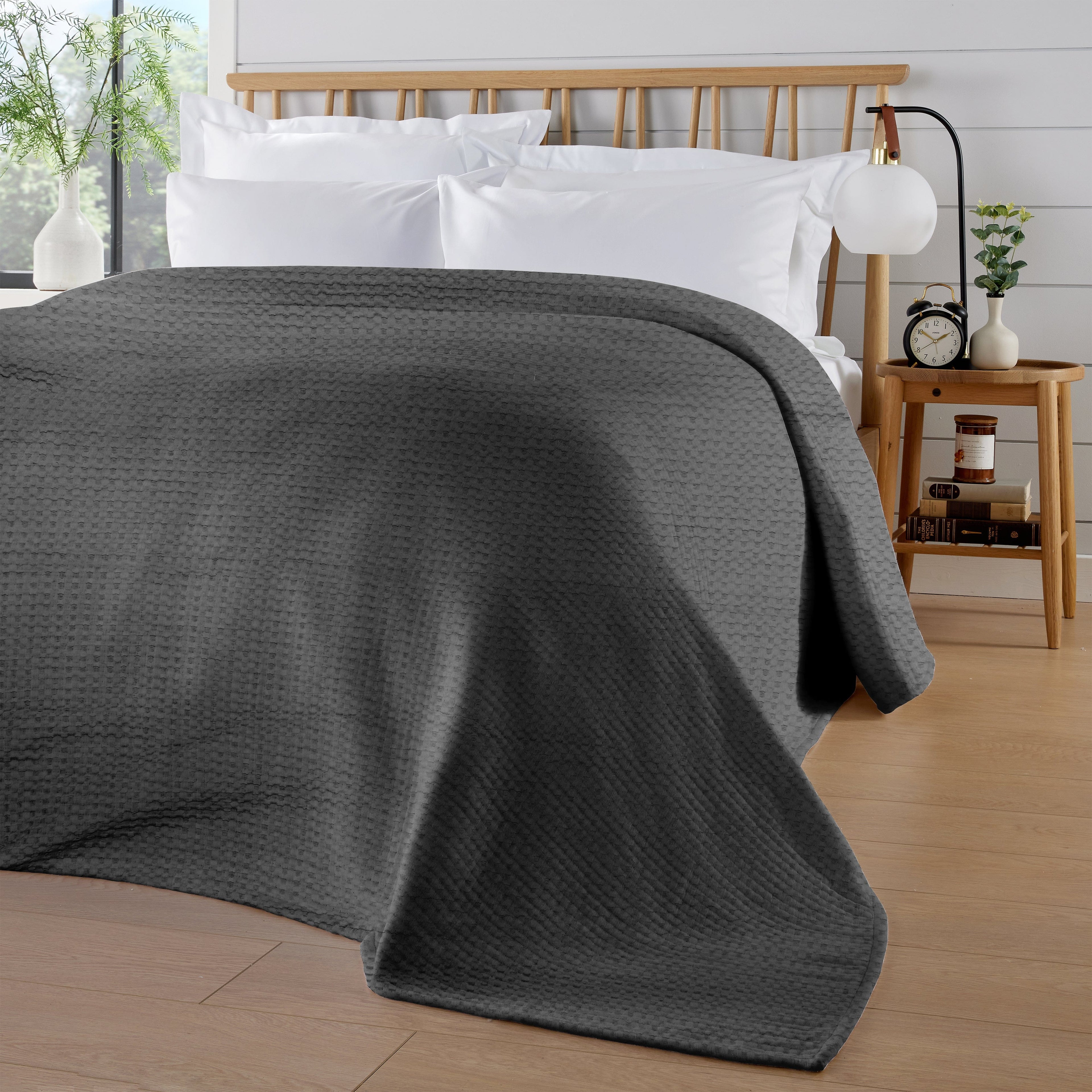 OLIVIA ROCCO Grey Checked Cotton Throw Blanket – 180 x 250 cm Bedspread