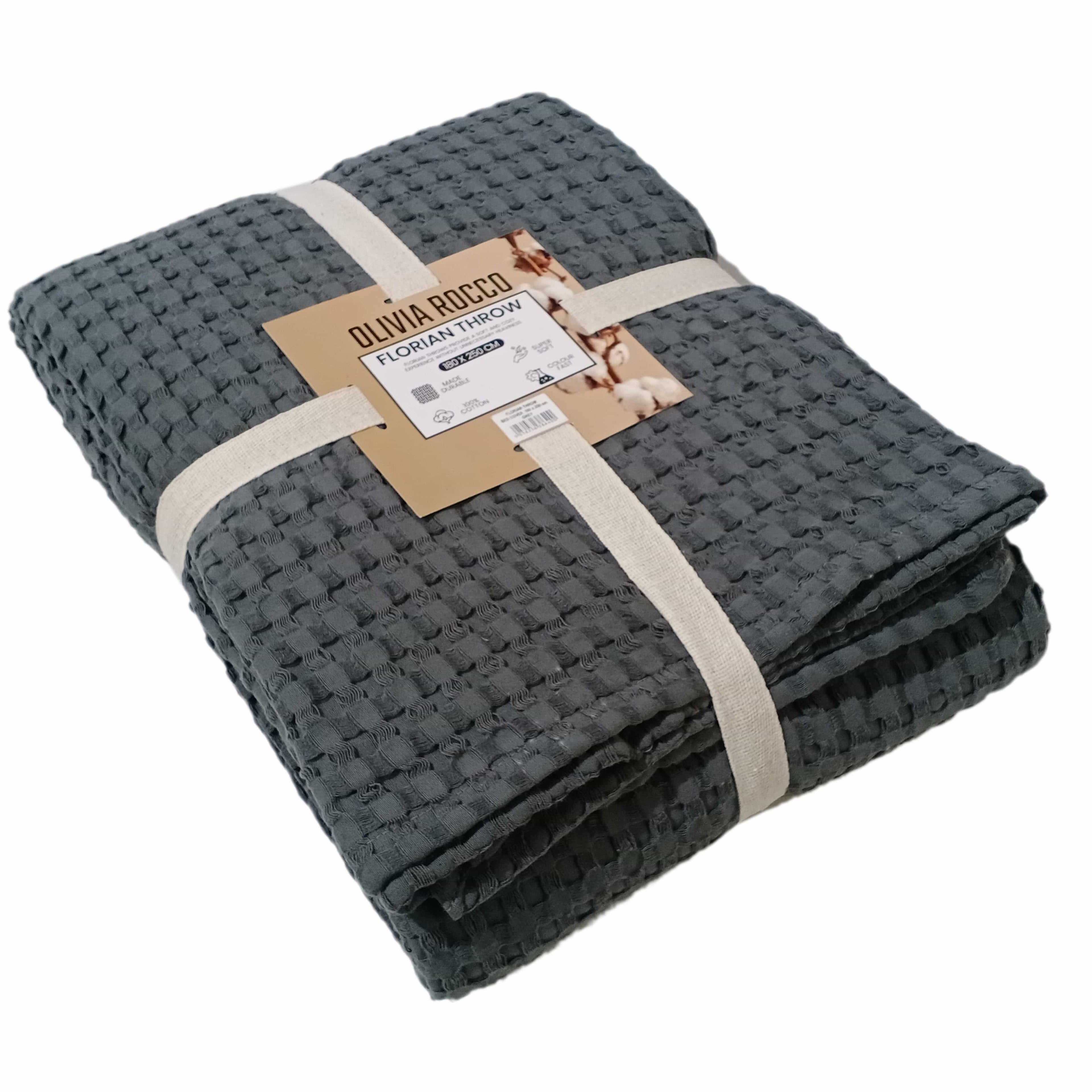 OLIVIA ROCCO Grey Checked Cotton Throw Blanket – 180 x 250 cm Bedspread