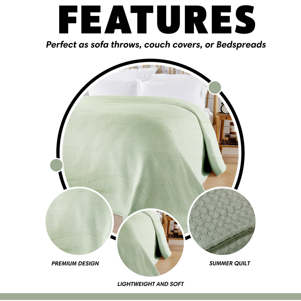 OLIVIA ROCCO Sage Green Checked Throw Blanket – 100% Cotton Bedspread