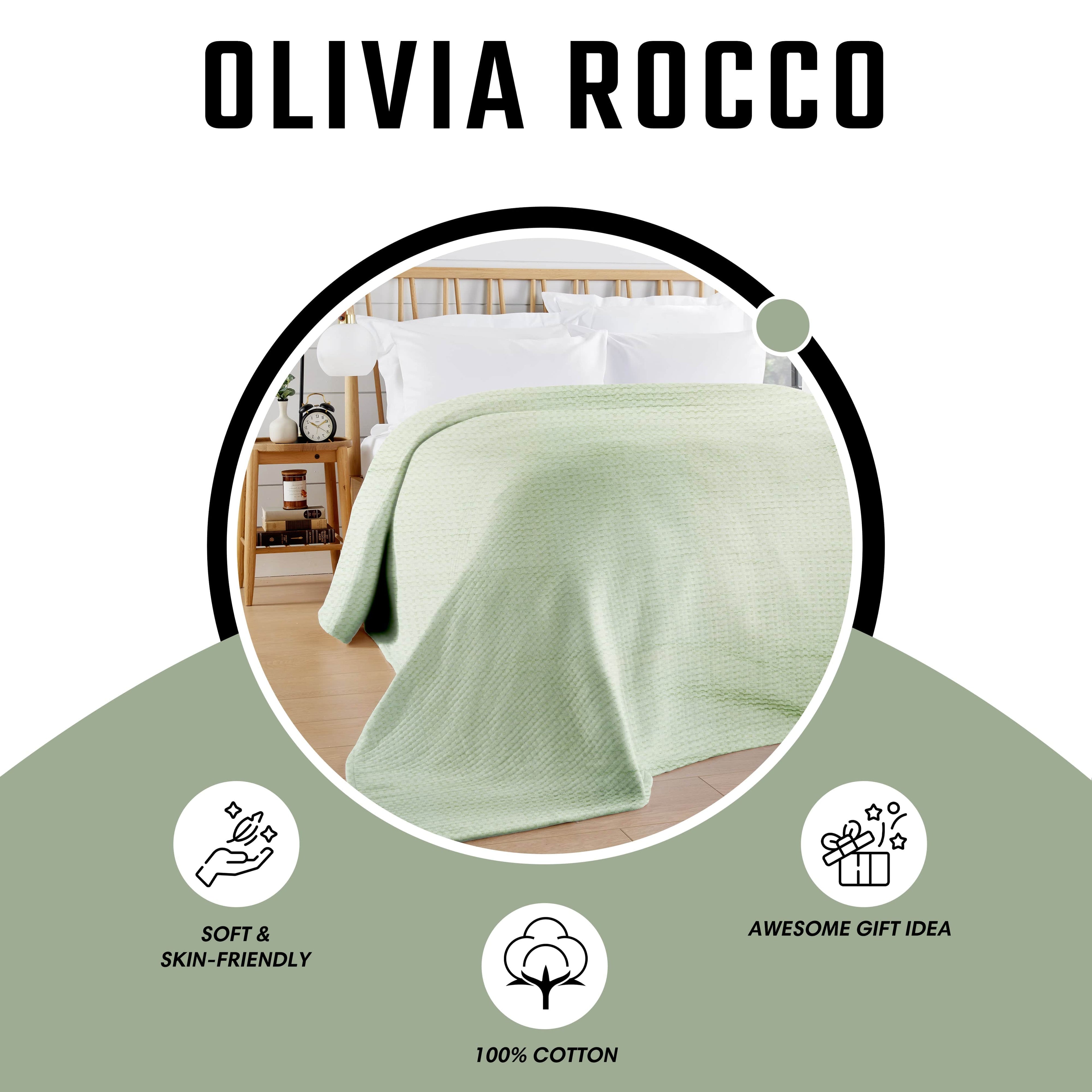 OLIVIA ROCCO Sage Green Checked Throw Blanket – 100% Cotton Bedspread