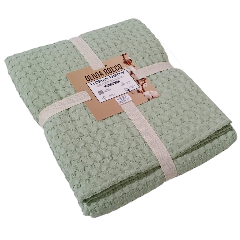 OLIVIA ROCCO Sage Green Checked Throw Blanket – 100% Cotton Bedspread