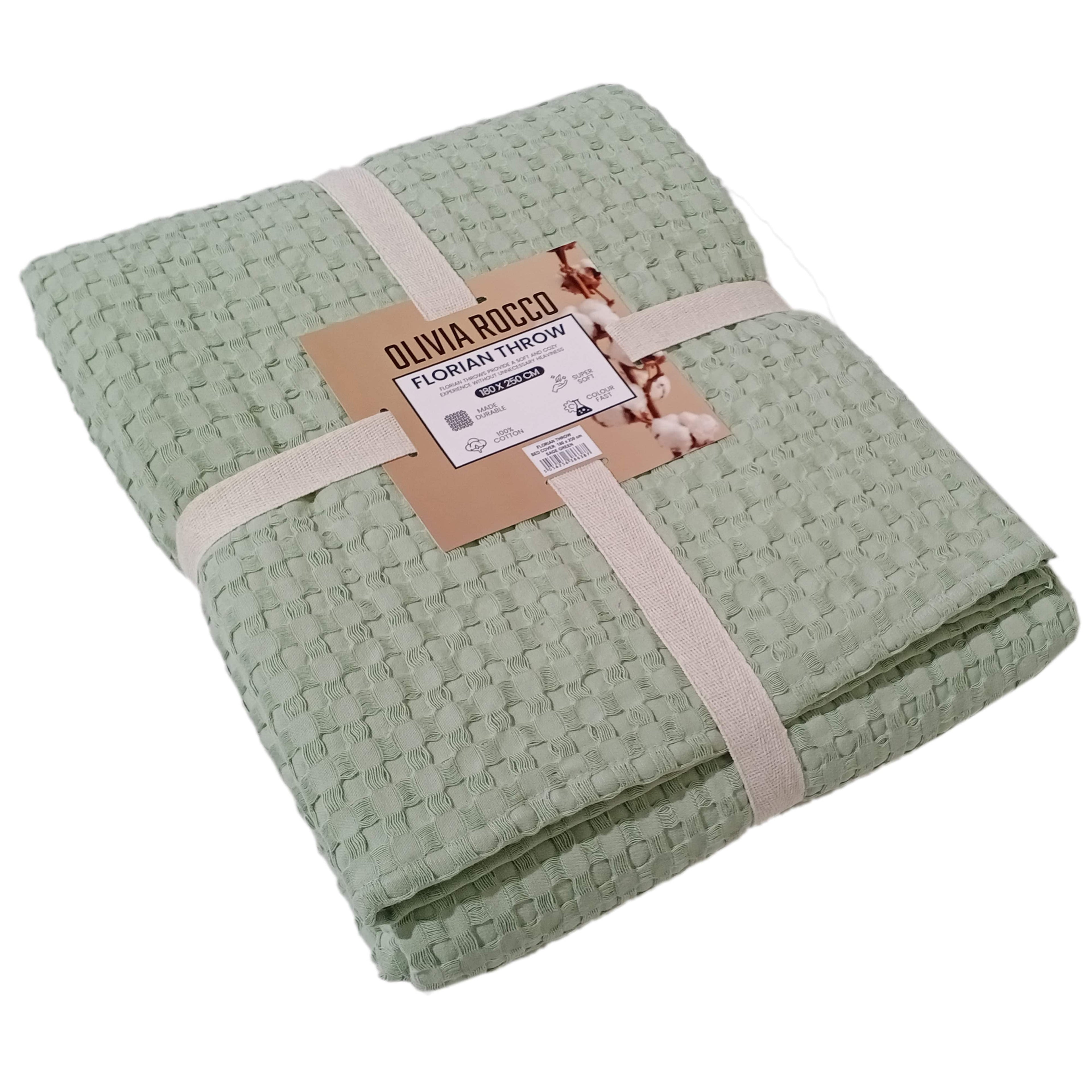 OLIVIA ROCCO Sage Green Checked Throw Blanket – 100% Cotton Bedspread