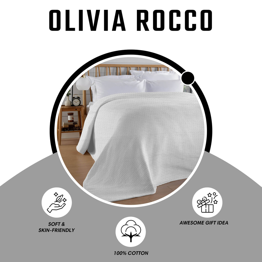 OLIVIA ROCCO Florian Checked Throw Blanket – 100% Cotton Bedspread White