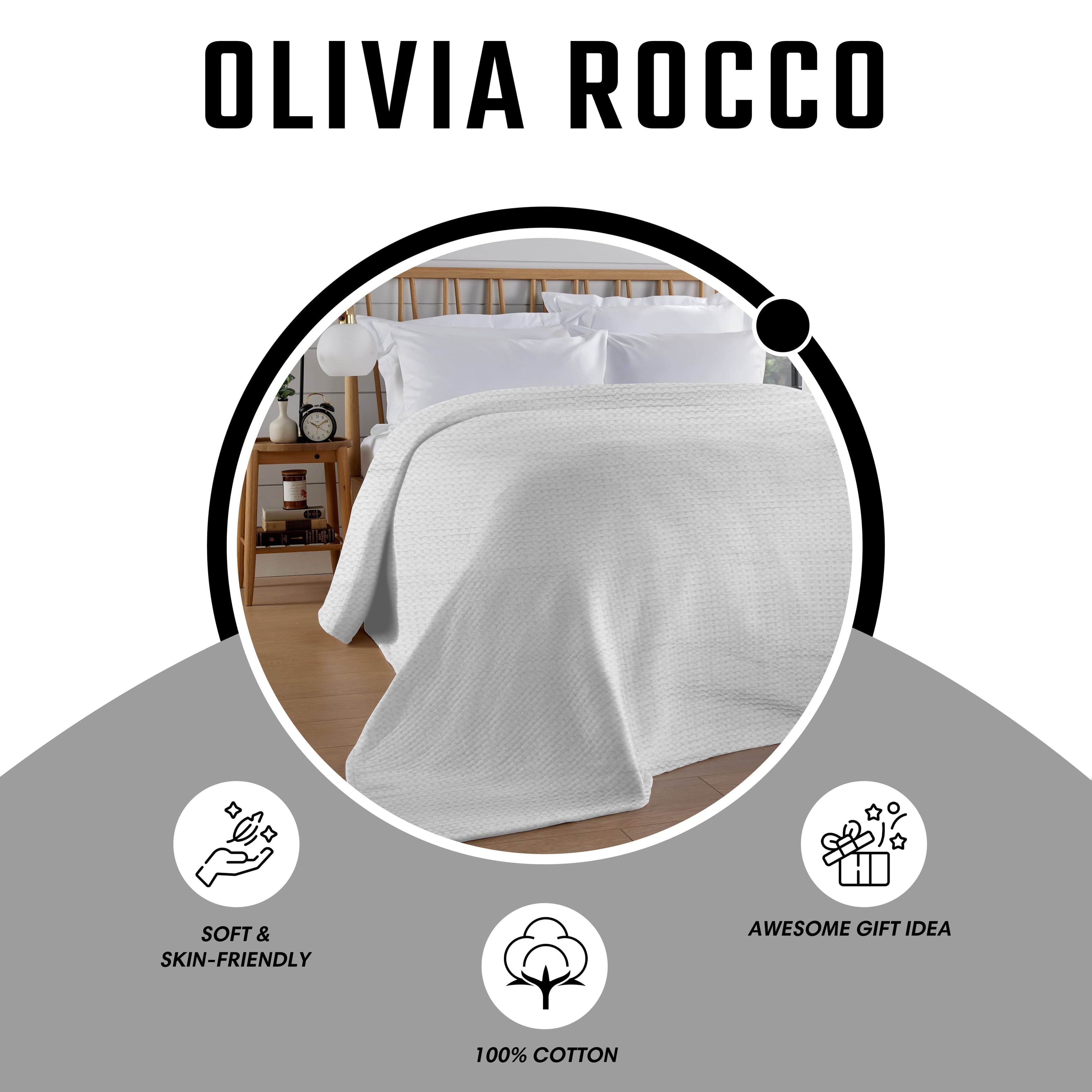 OLIVIA ROCCO Florian Checked Throw Blanket – 100% Cotton Bedspread White