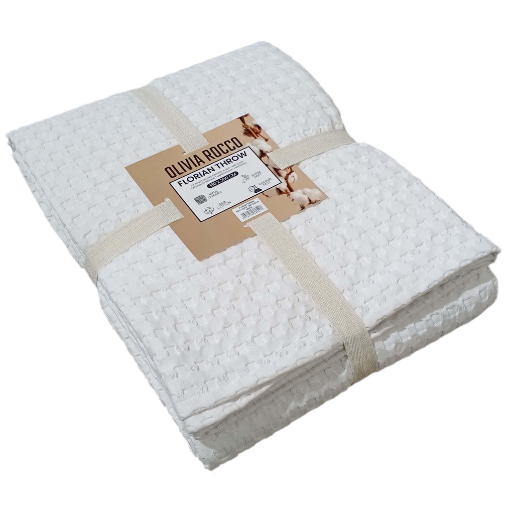 OLIVIA ROCCO Florian Checked Throw Blanket – 100% Cotton Bedspread White
