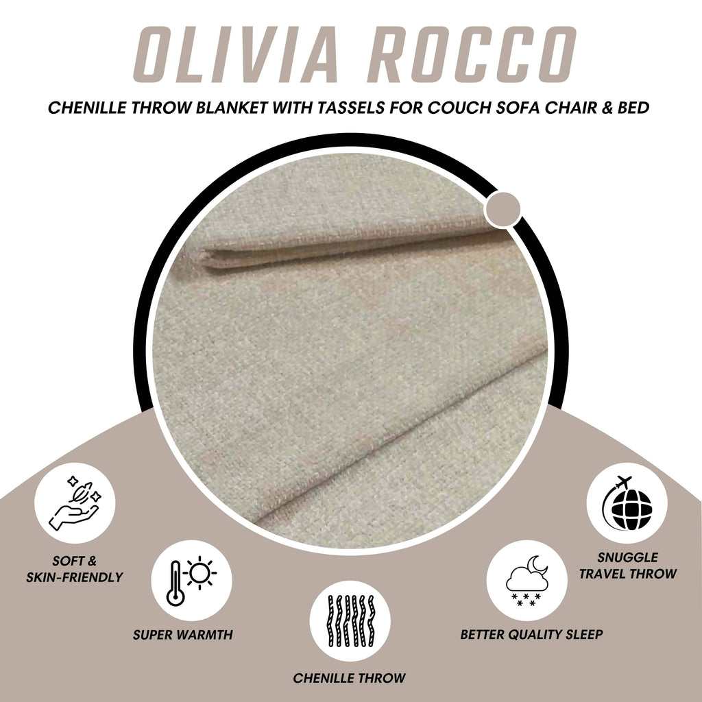 OLIVIA ROCCO Chenille Throw Blanket – Soft Luxury Tassel Sofa Bed Cover