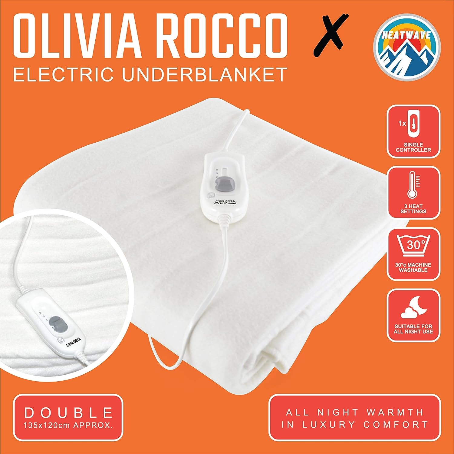 OLIVIA ROCCO Electric Heated Underblanket – 3 Heat Settings & Overheat Protection