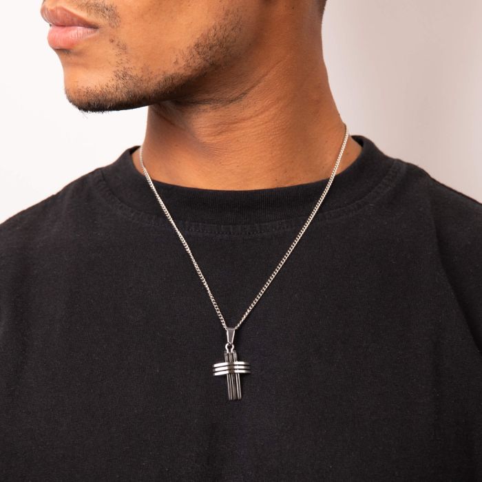 Gecko Jewellery Triple Bar Cross Pendant in Polished Stainless Steel