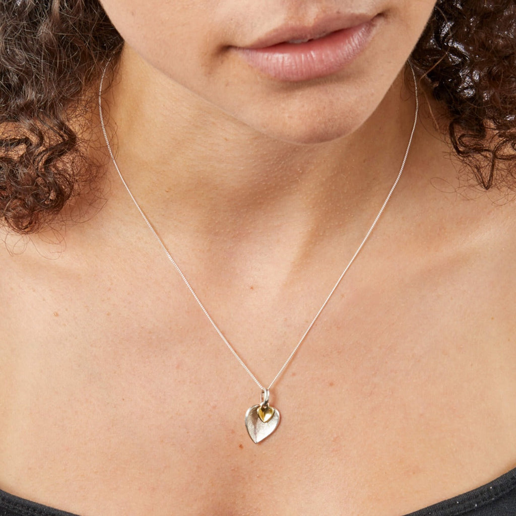 Gecko Jewellery Mixed Metal Double Heart Pendant in Sterling Silver