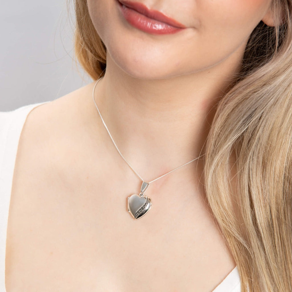 Gecko Jewellery Marcasite Heart Locket Pendant - Engravable Silver