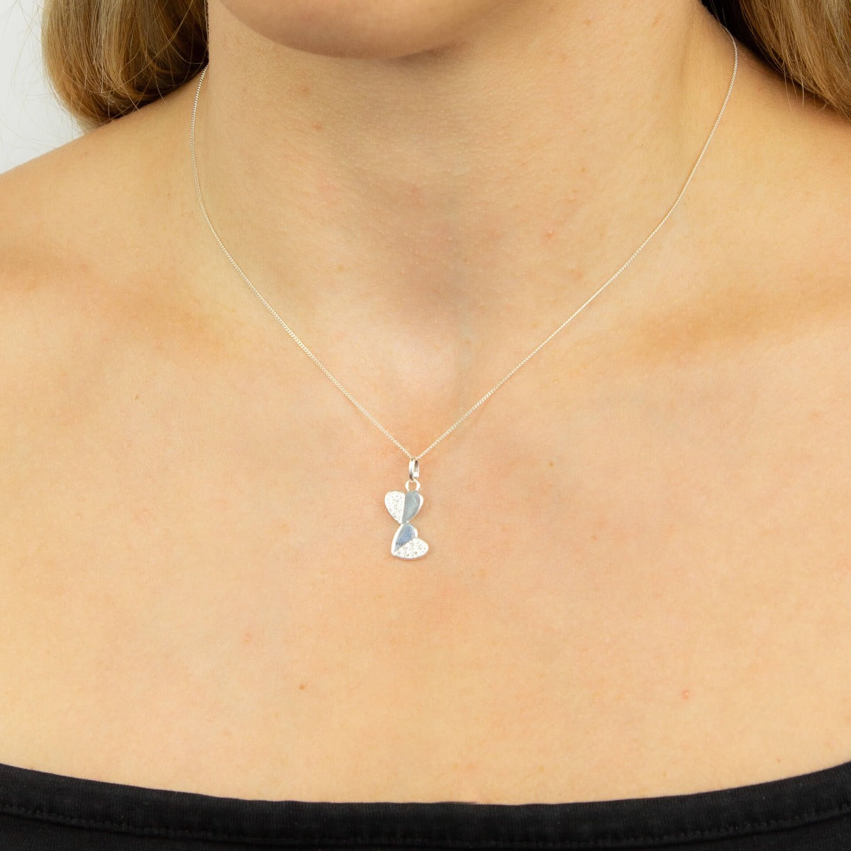 Gecko Jewellery Sterling Silver Double Heart Cubic Zirconia Pendant