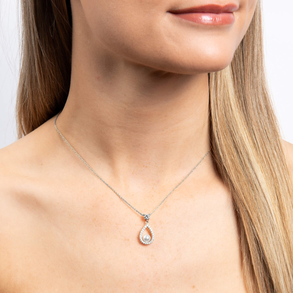 Diamonfire Sterling Silver Open Halo Teardrop Shell Pearl Pendant