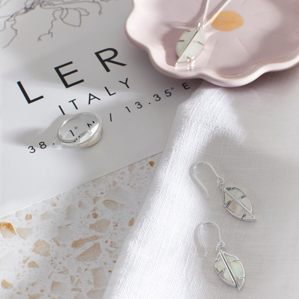 Split Leaf Ring in Sterling Silver and Mother of Pearl | Gecko Jewellery
