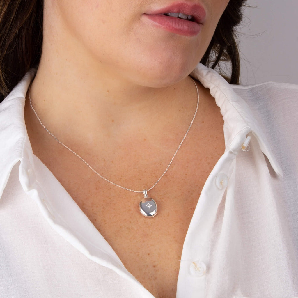 Gecko Jewellery Recycled Sterling Silver Oval Locket with Starburst CZ