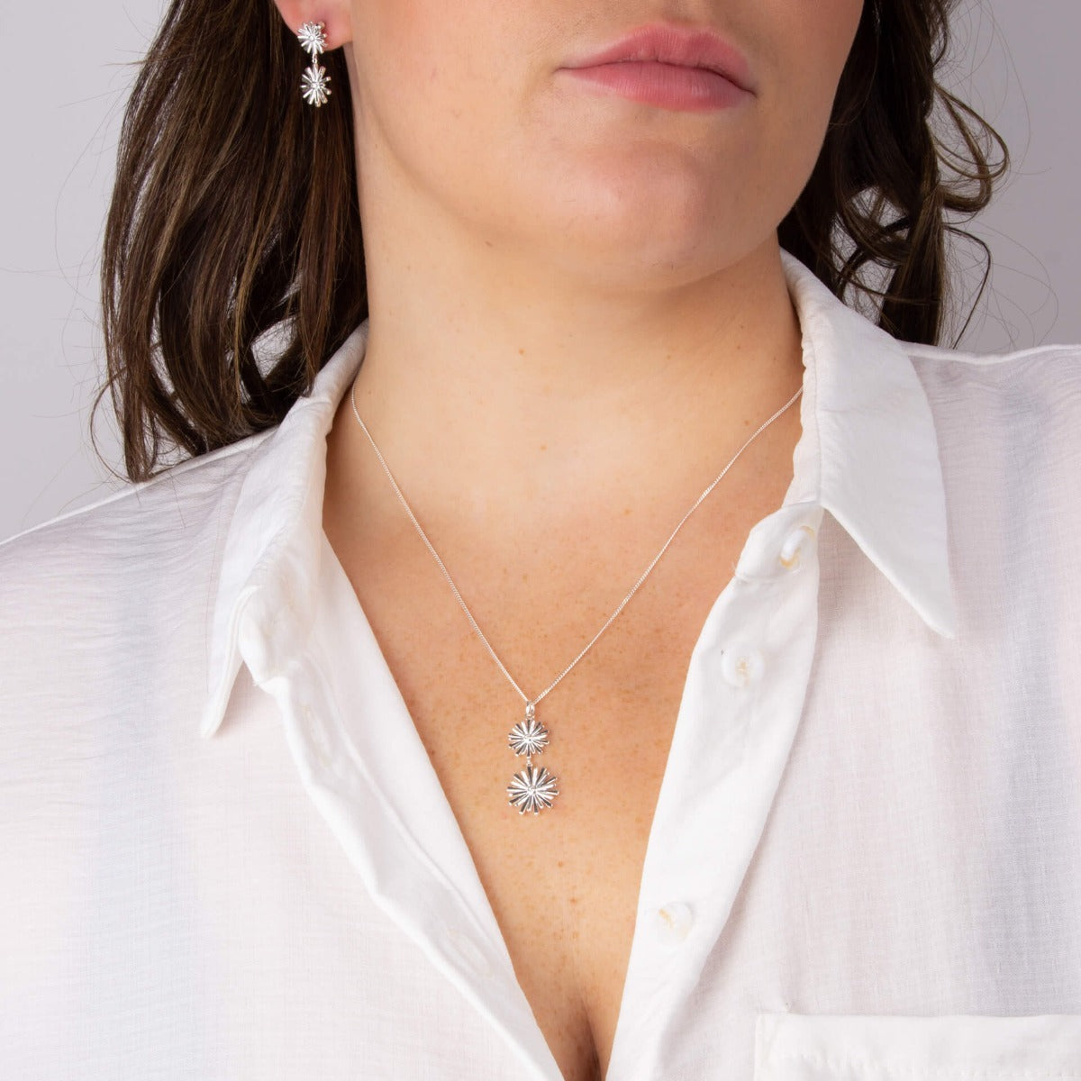 Gecko Jewellery Double Flower Drop Pendant in Recycled Sterling Silver