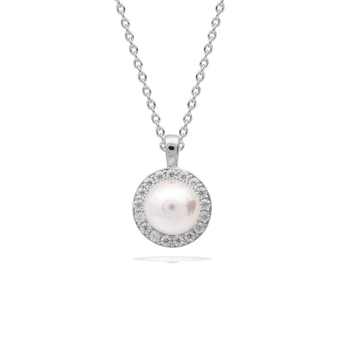 Diamonfire Shell Pearl and Zirconia Halo Pendant in Sterling Silver