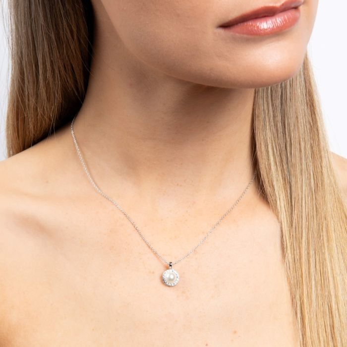 Diamonfire Shell Pearl and Zirconia Halo Pendant in Sterling Silver