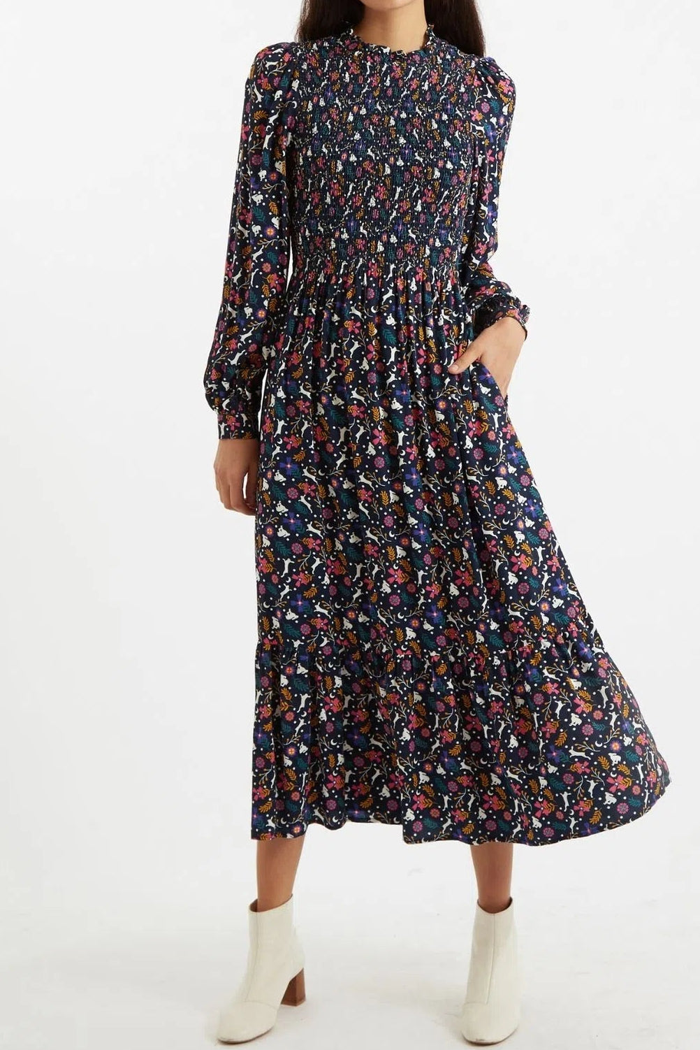 Louche Peppi White Rabbit Print Smocked Bodice Midi Dress