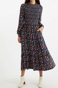 Louche Peppi White Rabbit Print Smocked Bodice Midi Dress