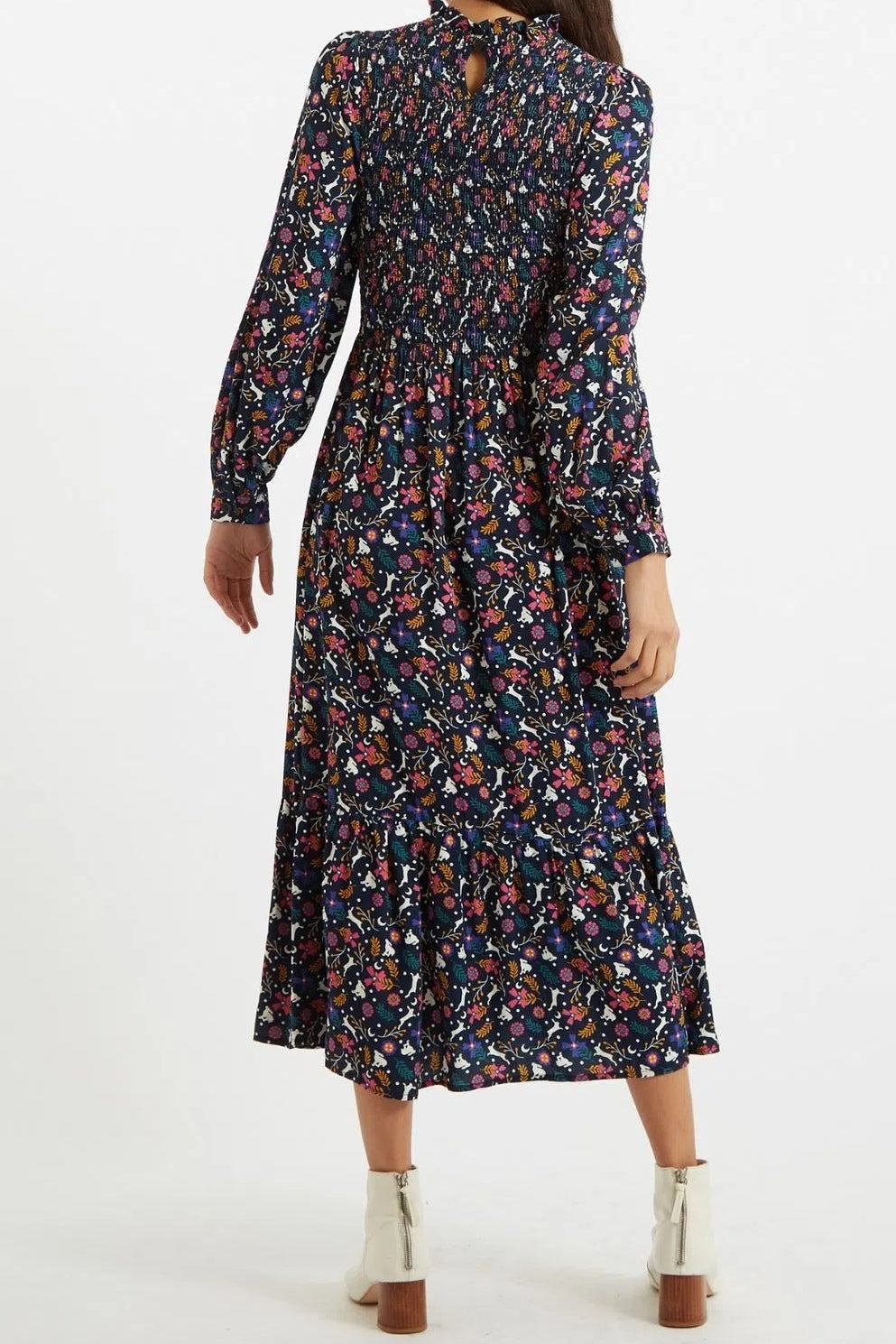 Louche Peppi White Rabbit Print Smocked Bodice Midi Dress